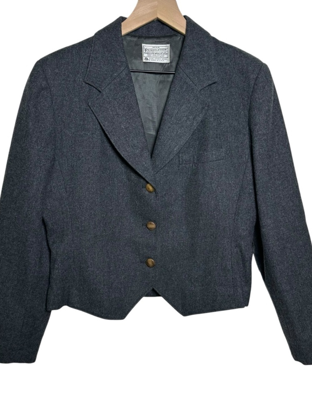 Vtg Miss Pendleton 100% Virgin Wool Cropped Blazer Women’s 12 Gray USA Preppy